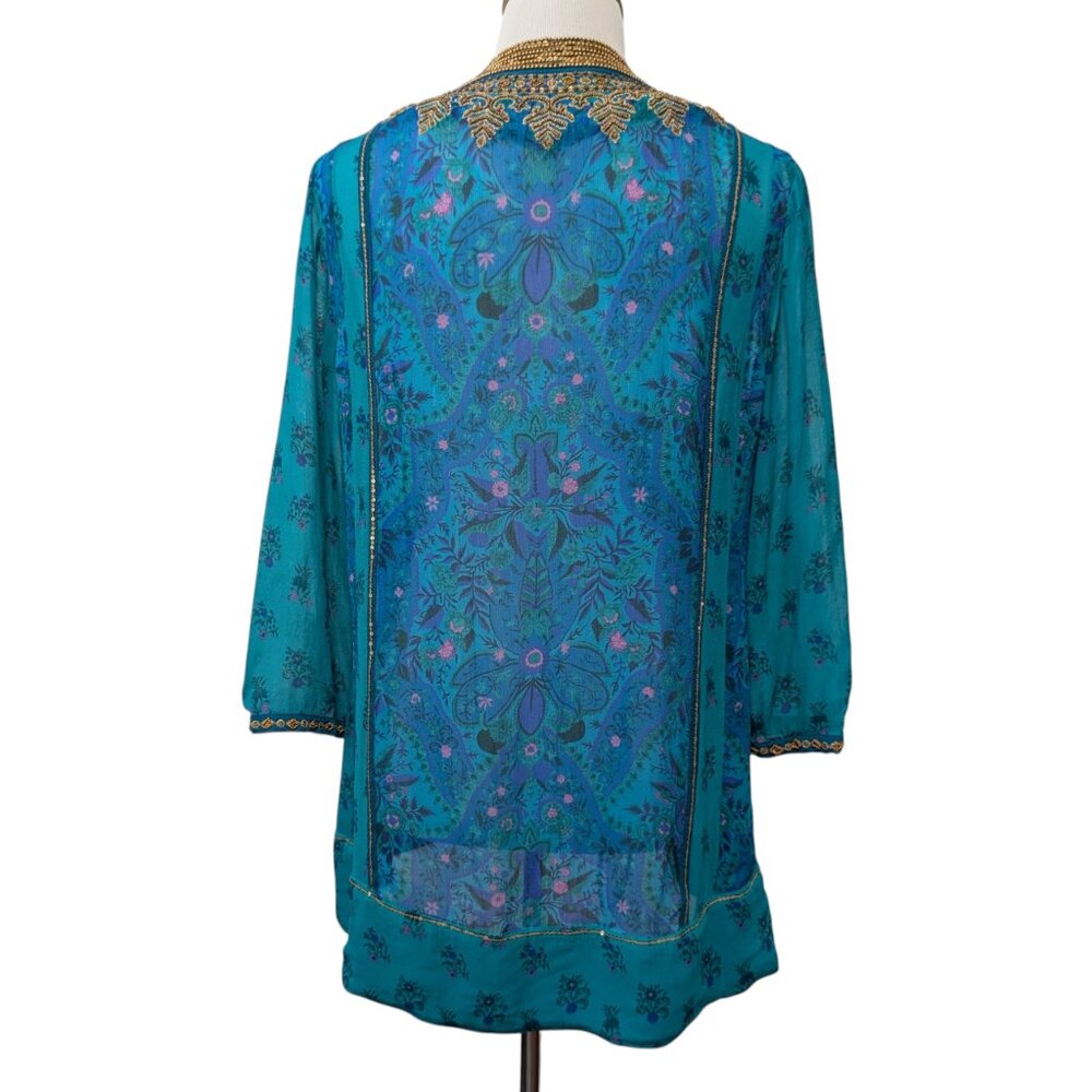 Soft Surroundings Womens Size S Bronte Blue Green Beaded Kaftan Tunic Top Flaw - Picture 3 of 11